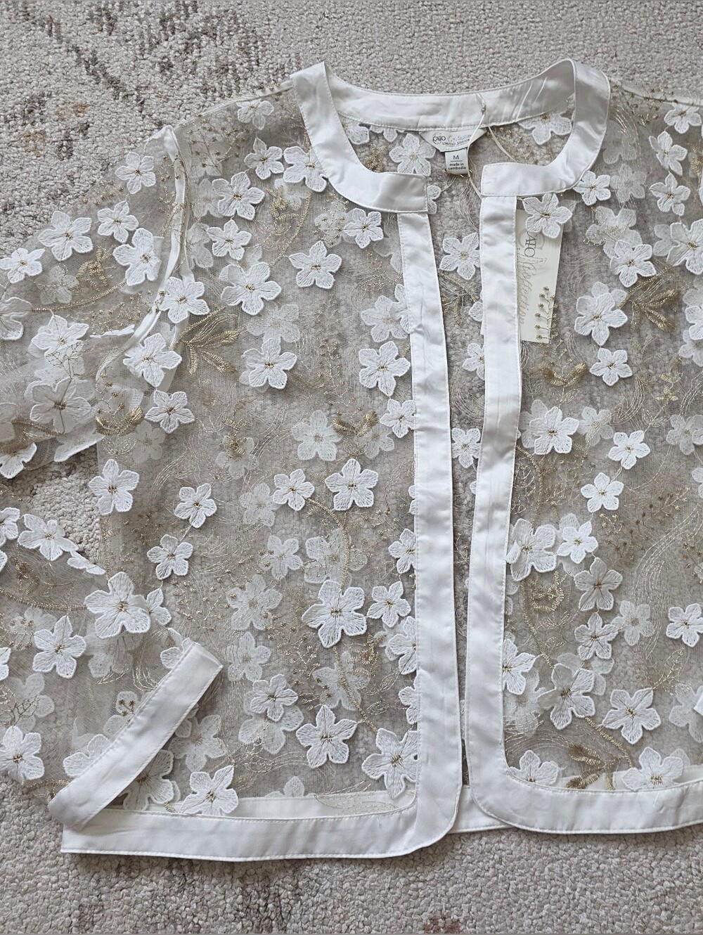 Cato White Sheer Floral Lace Jacket with Gold Accents
